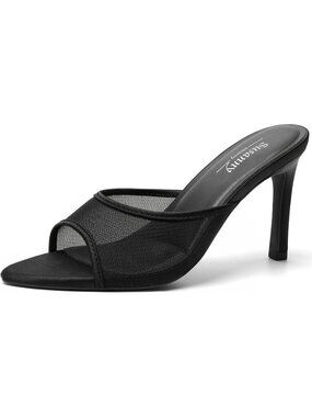 Women's Black Mesh Mule High Heels Pointed Open Toe Sexy Slip on Casual Shoes